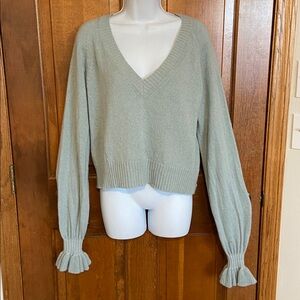 Odd Molly V Neck Baby Alpaca Soft Green with ruffle cuffs Designer Large (3)